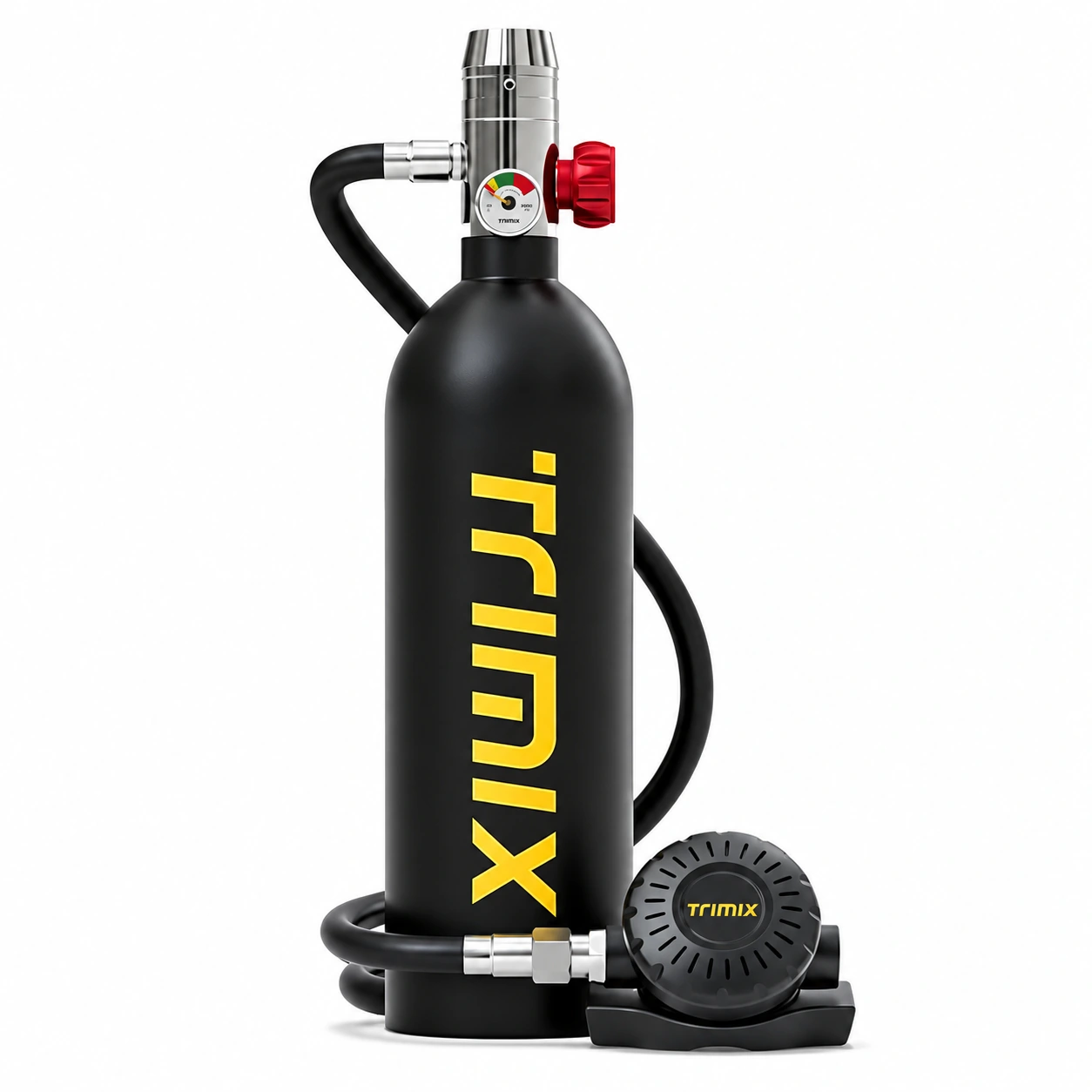 Black TRIMIX T-1000 cylinder with its hose-connected breathing valve, shown without carrying accessories