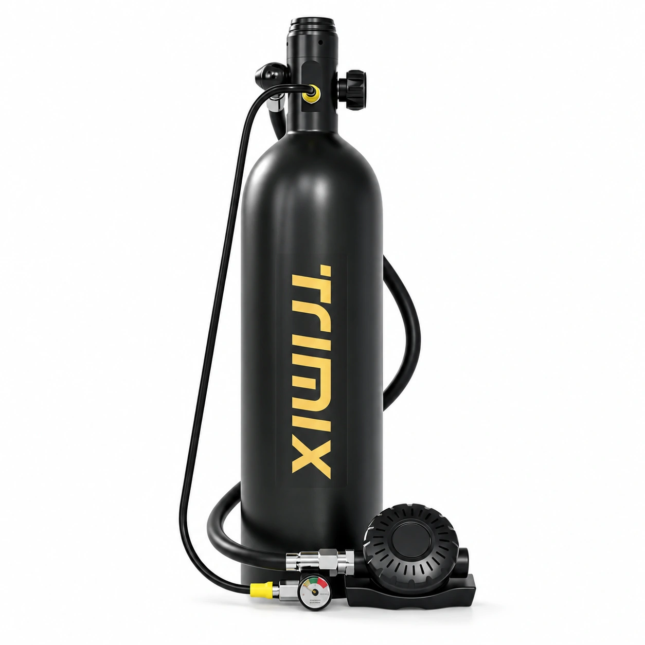 Black TRIMIX T-2000 cylinder with its hose-connected breathing valve, shown without carrying accessories