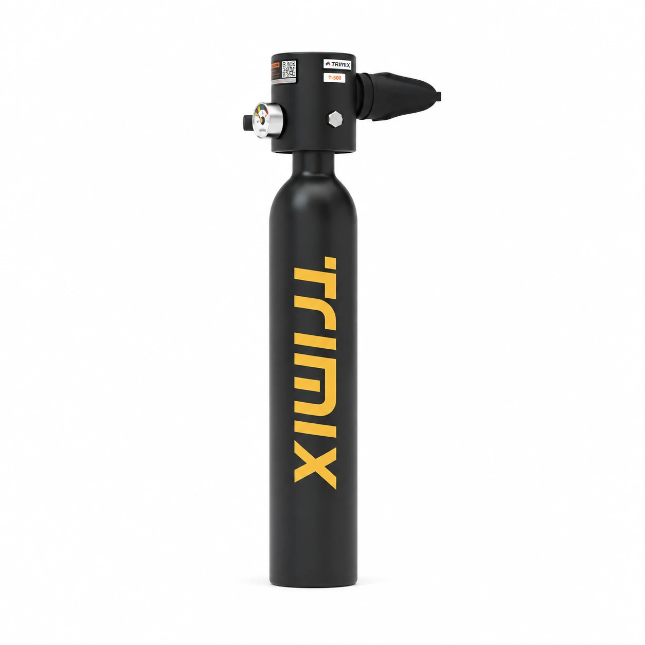 Black TRIMIX T-500 cylinder with its integrated breathing valve, shown without carrying accessories
