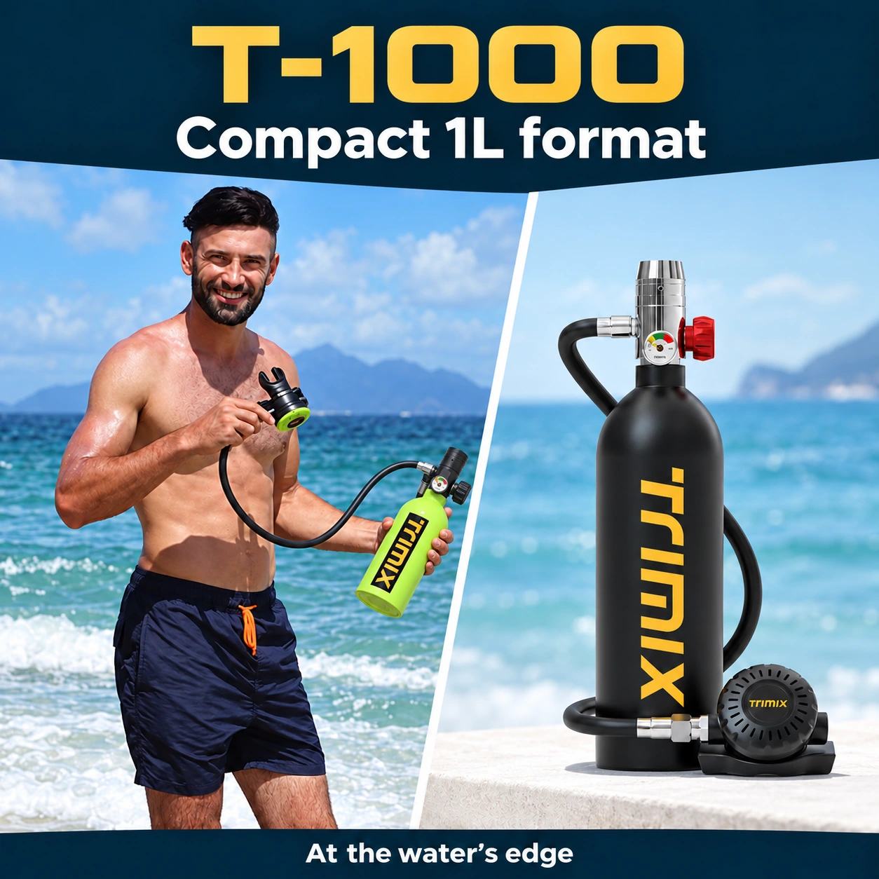 TRIMIX T-1000 1L cylinders and breathing assembly at the shore