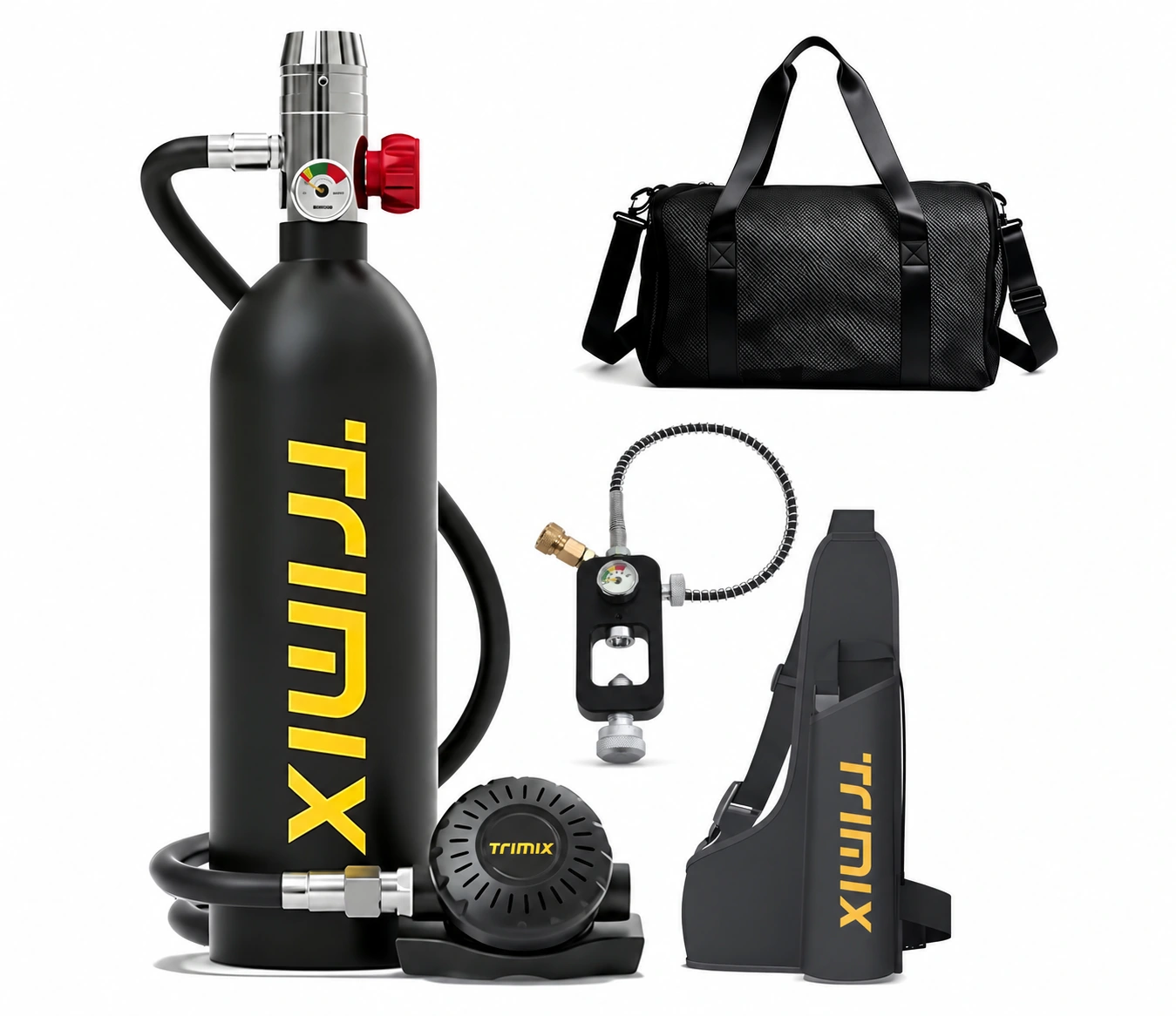 TRIMIX T1000 black 1L scuba tank kit with scuba refill adapter, carry bag and cylinder sling