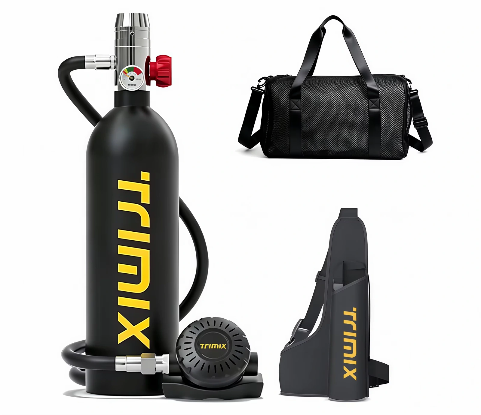 TRIMIX T1000 black 1L scuba tank kit without scuba refill adapter, carry bag and cylinder sling