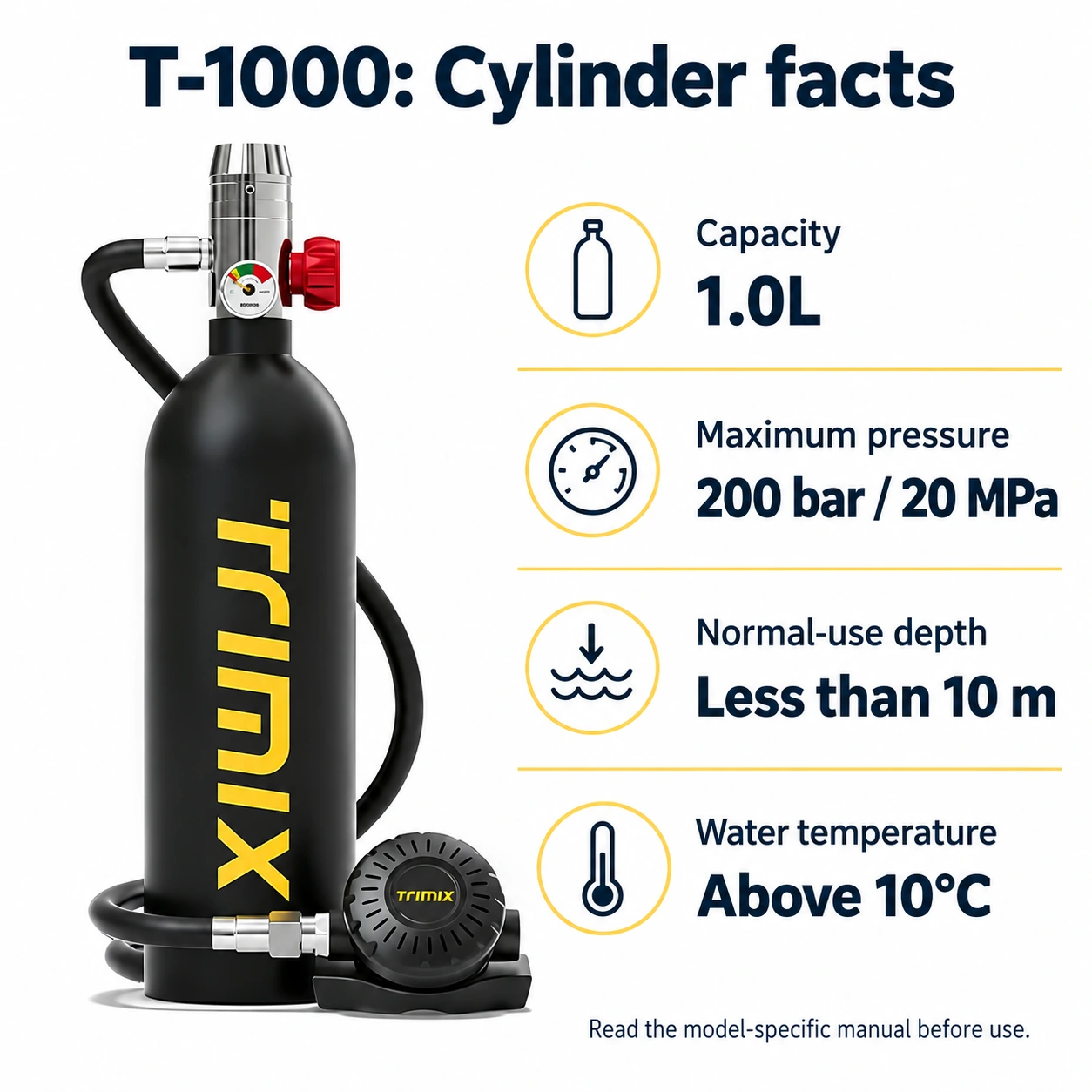 T-1000 1L cylinder facts: 200 bar, less than 10 m normal-use depth and water above 10 degrees Celsius