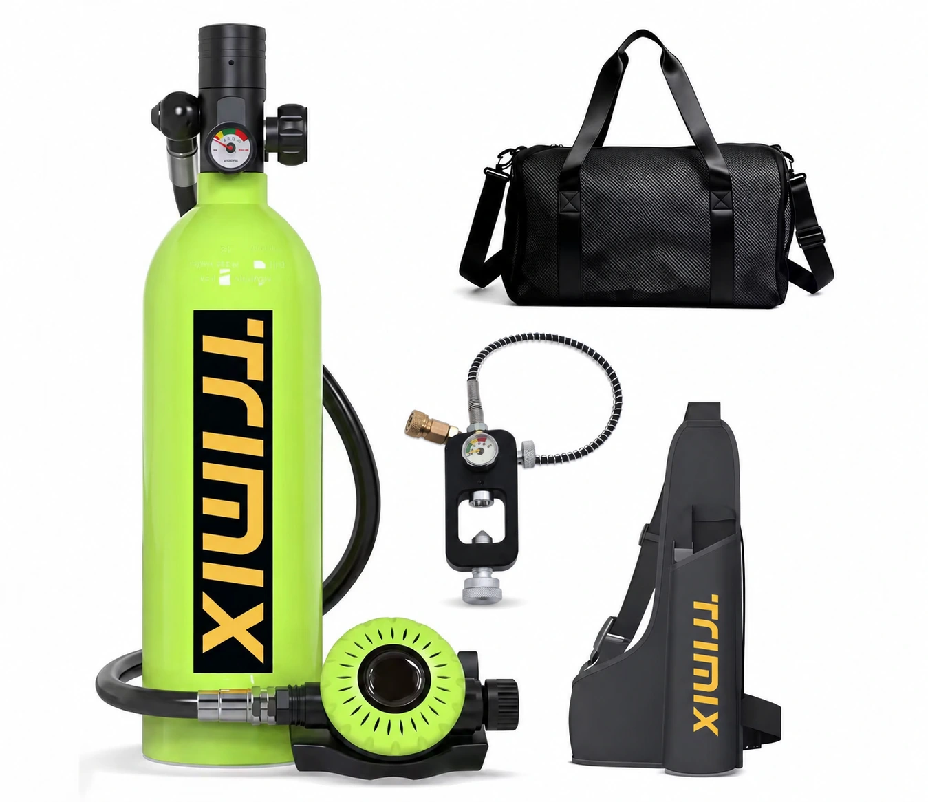 TRIMIX T1000 green 1L scuba tank kit with scuba refill adapter, carry bag and cylinder sling