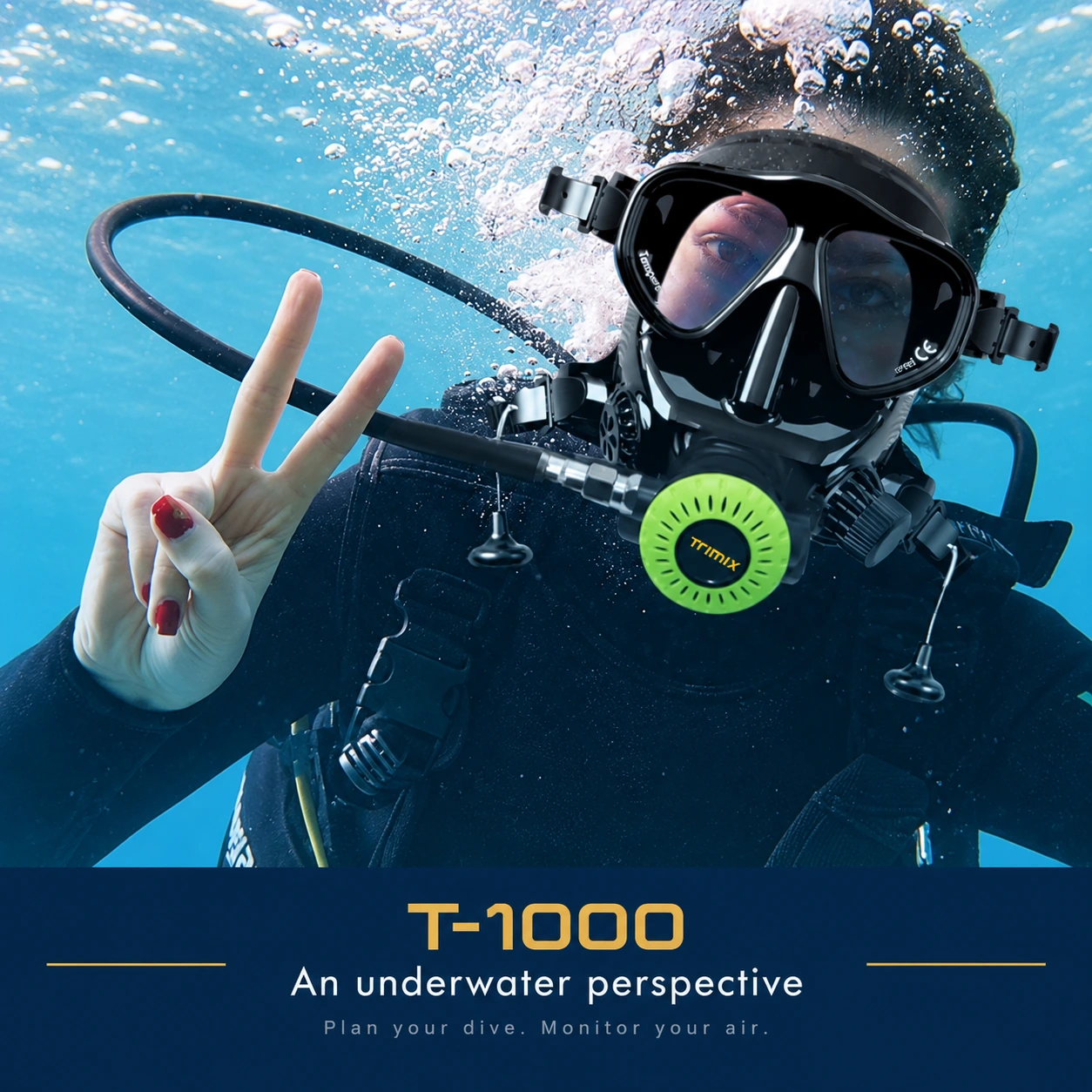 Underwater scene showing a diver with a green TRIMIX breathing regulator