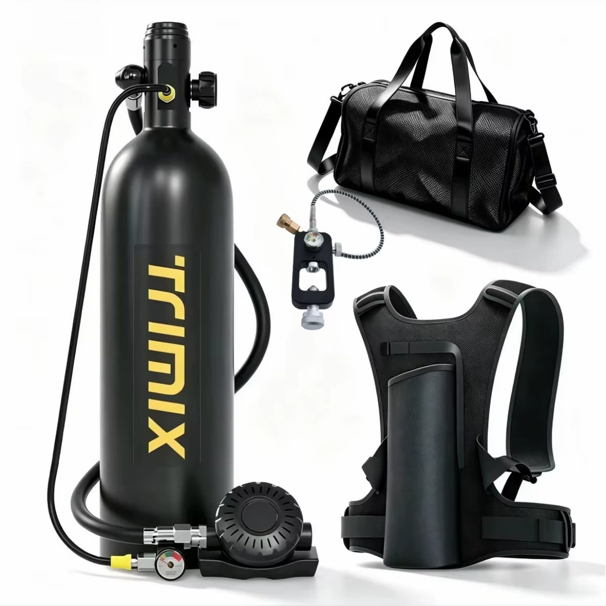 TRIMIX T2000 black 2L scuba tank kit with scuba refill adapter, carry bag and tank vest