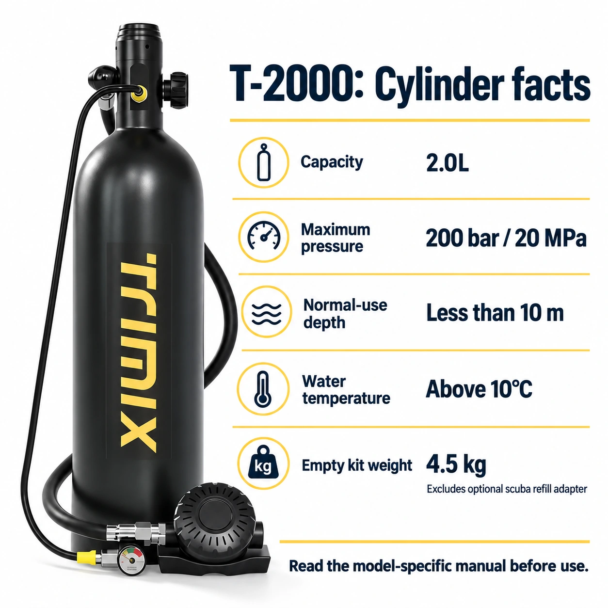 T-2000 2L cylinder facts and 4.5 kg empty kit weight excluding optional scuba refill adapter