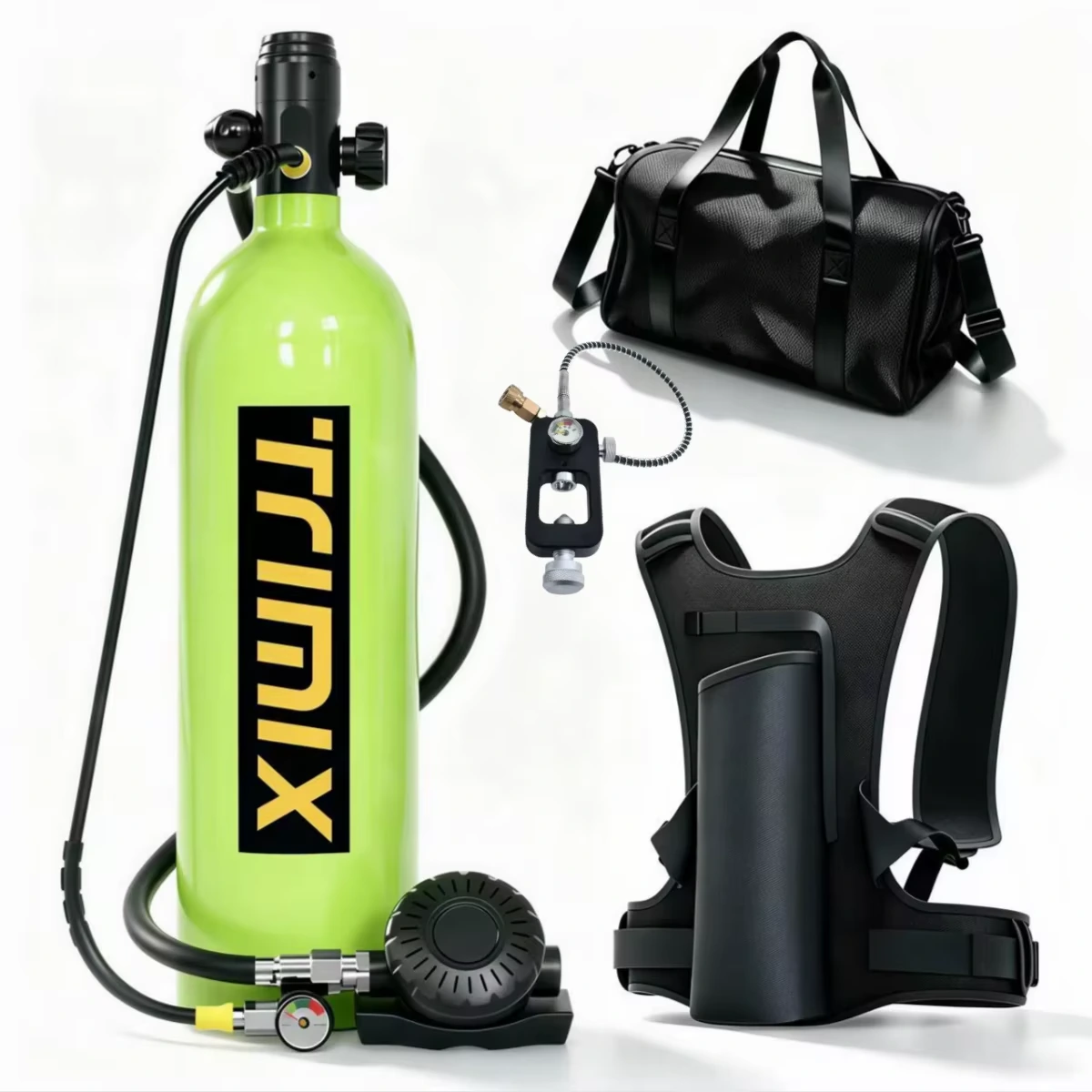 TRIMIX T2000 green 2L scuba tank kit with scuba refill adapter, carry bag and tank vest