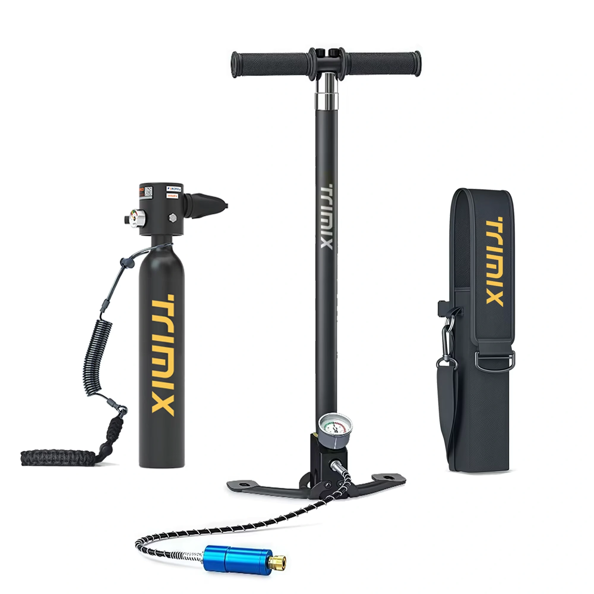 Black TRIMIX T-500 0.5L cylinder with anti-loss tether, four-stage high-pressure hand pump, hose, inline separator and black cylinder shoulder bag
