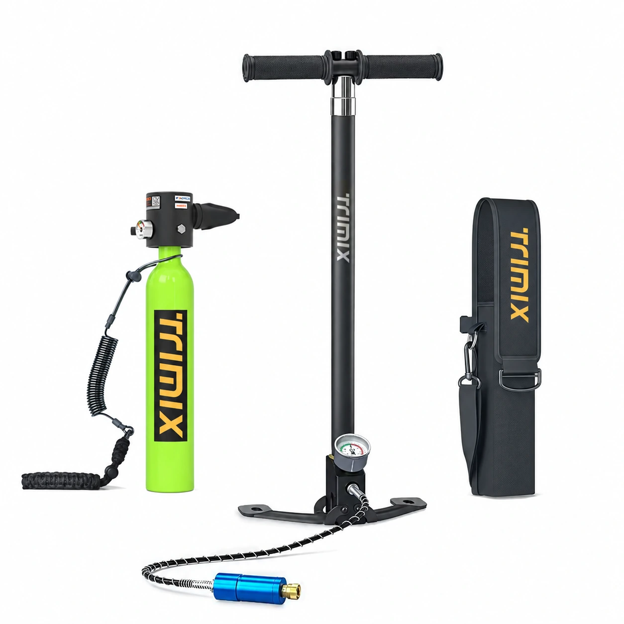 Green TRIMIX T-500 0.5L cylinder with anti-loss tether, four-stage high-pressure hand pump, hose, inline separator and black cylinder shoulder bag