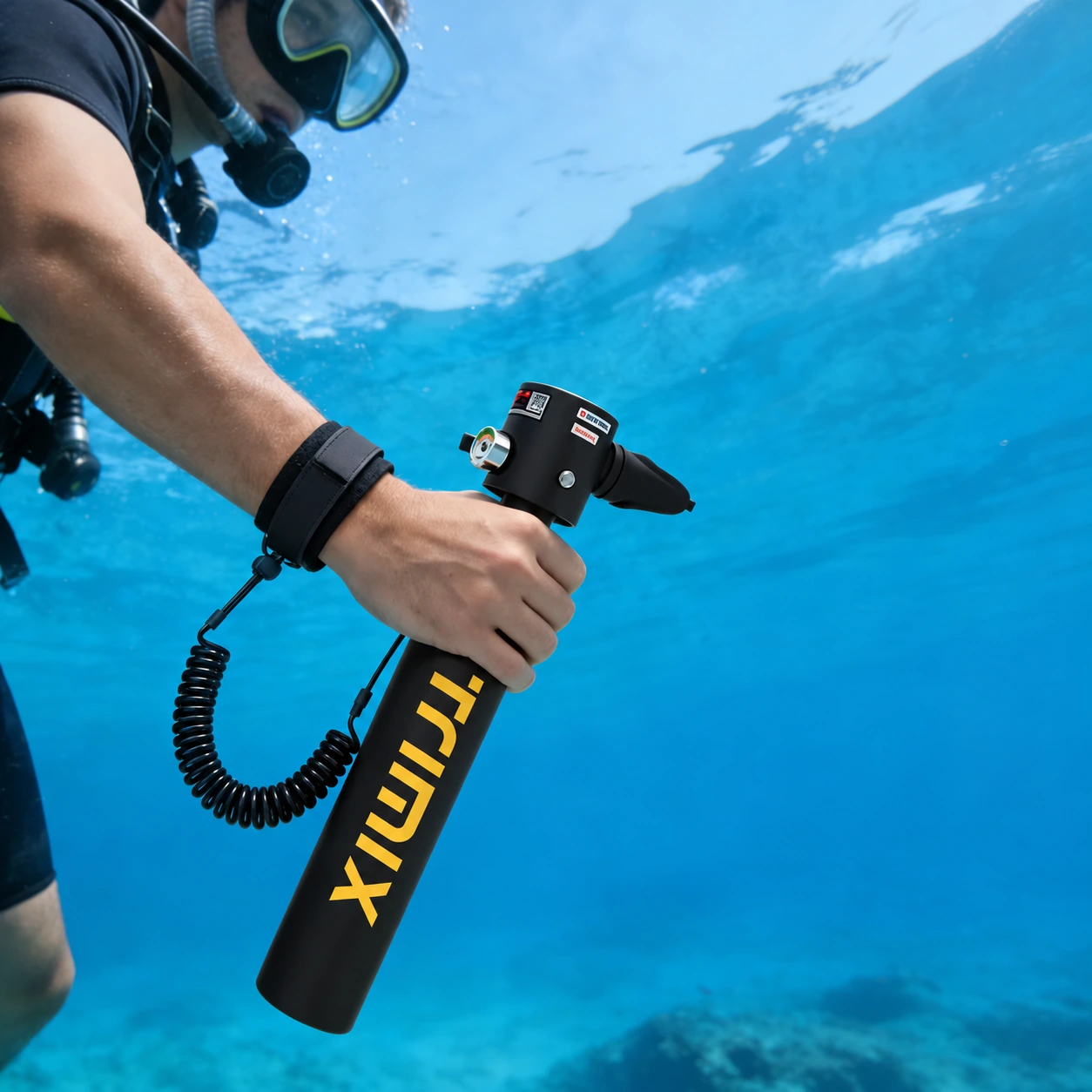 Black TRIMIX T-500 cylinder with pressure gauge and wrist tether shown underwater