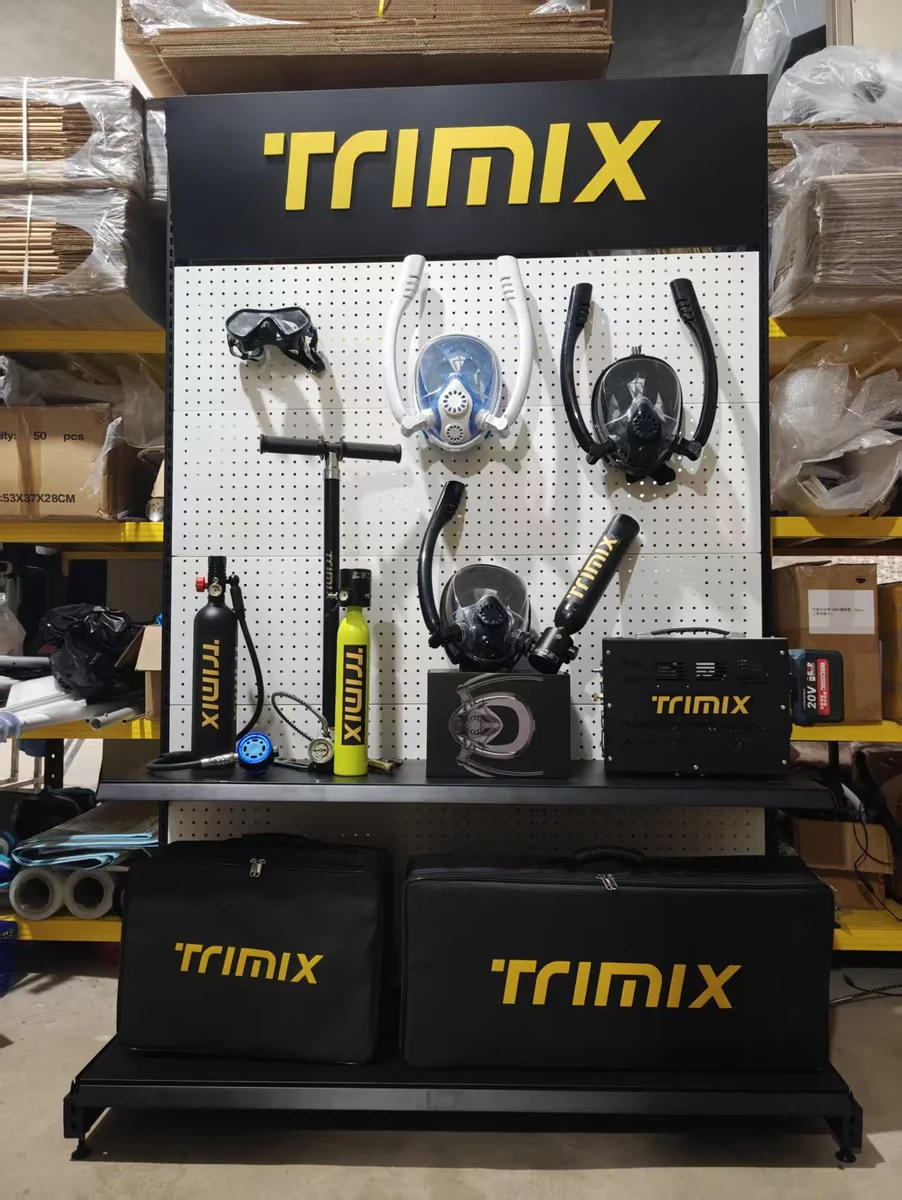 Dealer display rack with black frame, white pegboard and black shelves