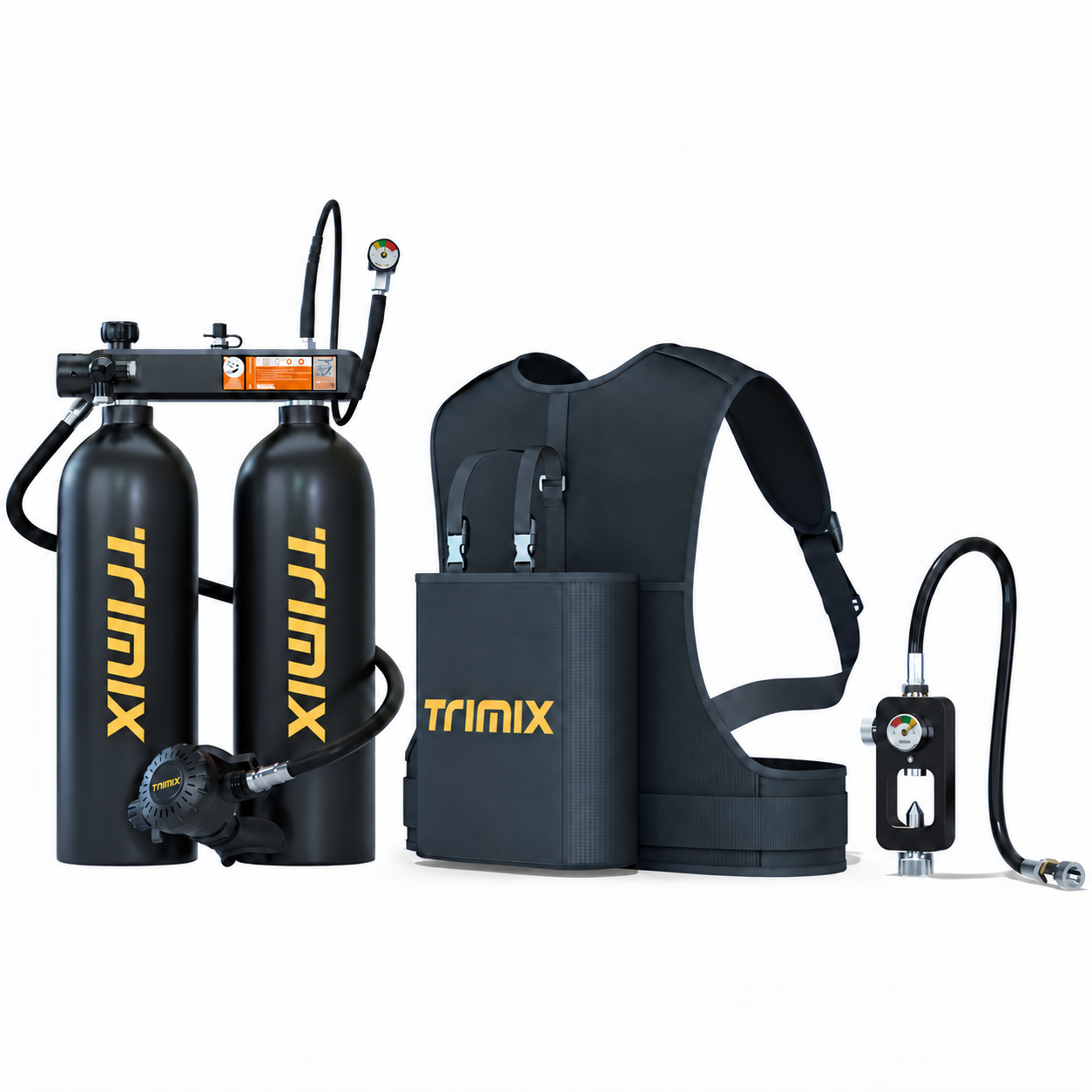 Black TRIMIX T-4000 twin-cylinder kit and carrying vest with scuba refill adapter