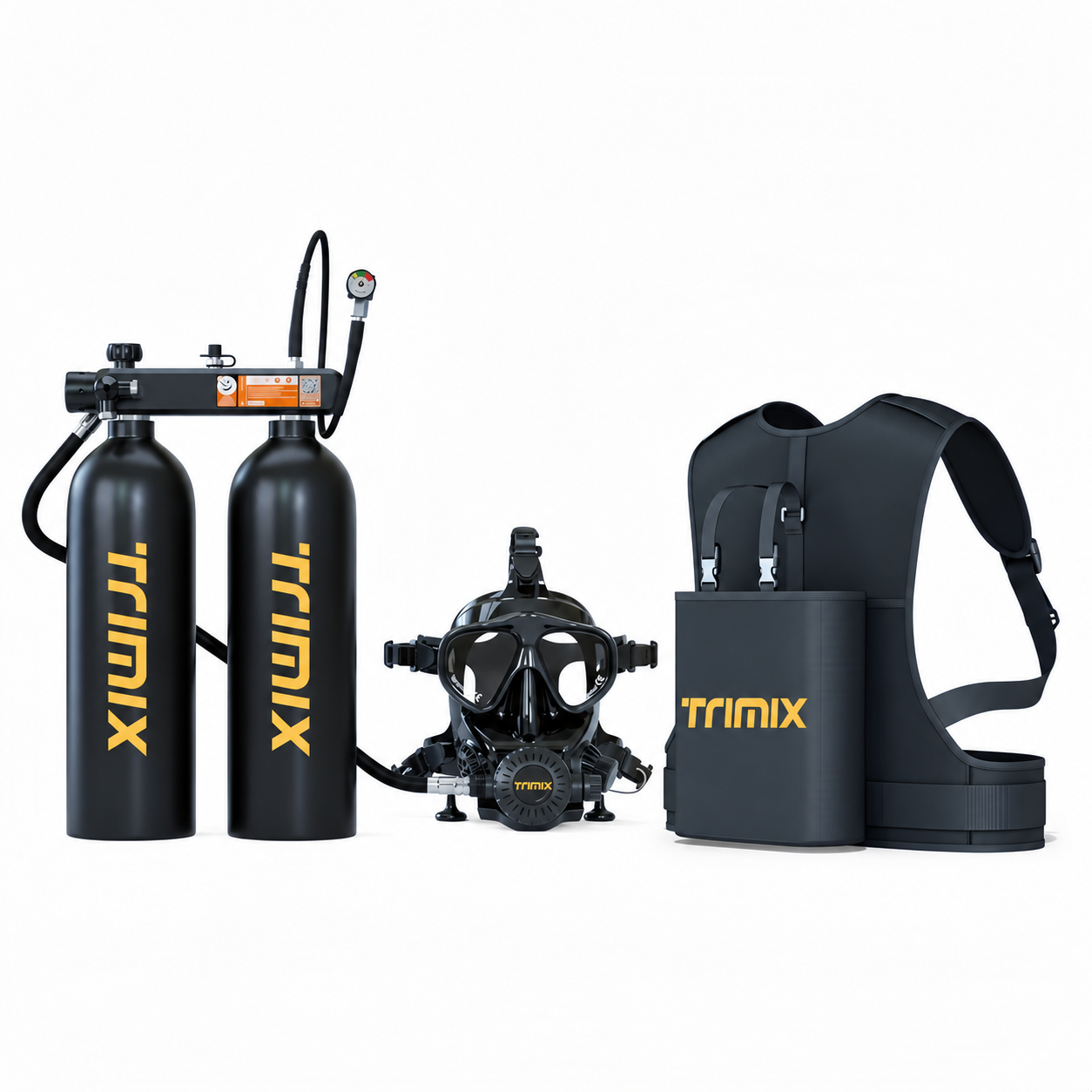 Black TRIMIX T-4000 twin-cylinder assembly with full-face mask and carrying vest
