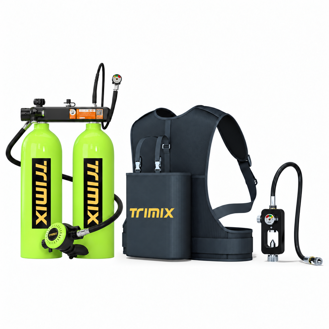 Green TRIMIX T-4000 twin-cylinder kit and carrying vest with scuba refill adapter