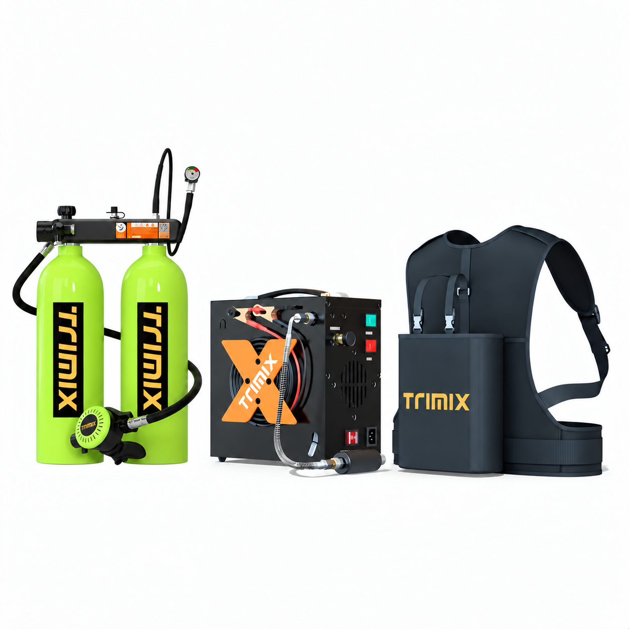 Green TRIMIX T-4000 twin-cylinder kit with carrying vest and air compressor