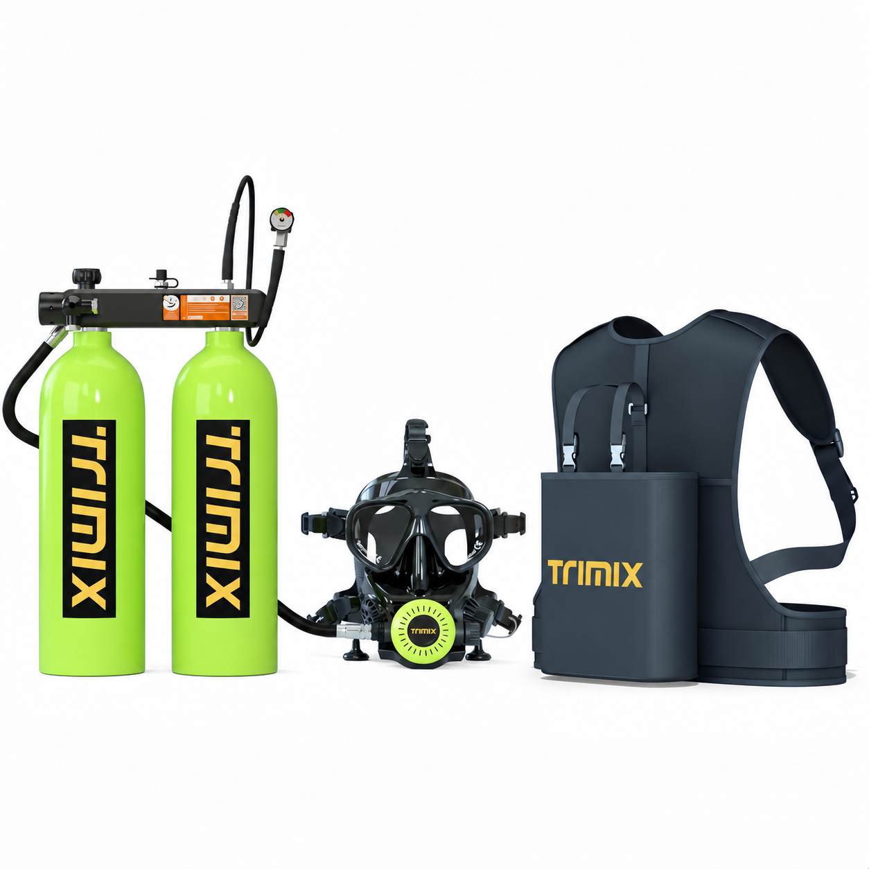 Green TRIMIX T-4000 twin-cylinder assembly with full-face mask and carrying vest