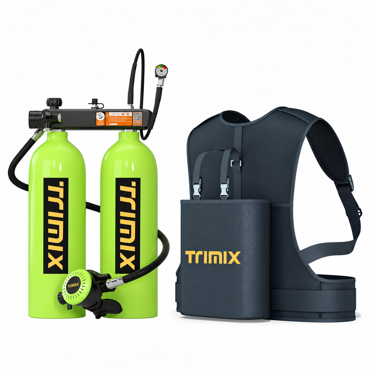 Green TRIMIX T-4000 twin 2L cylinders with shared manifold, hose-connected regulator, pressure gauge and carrying vest