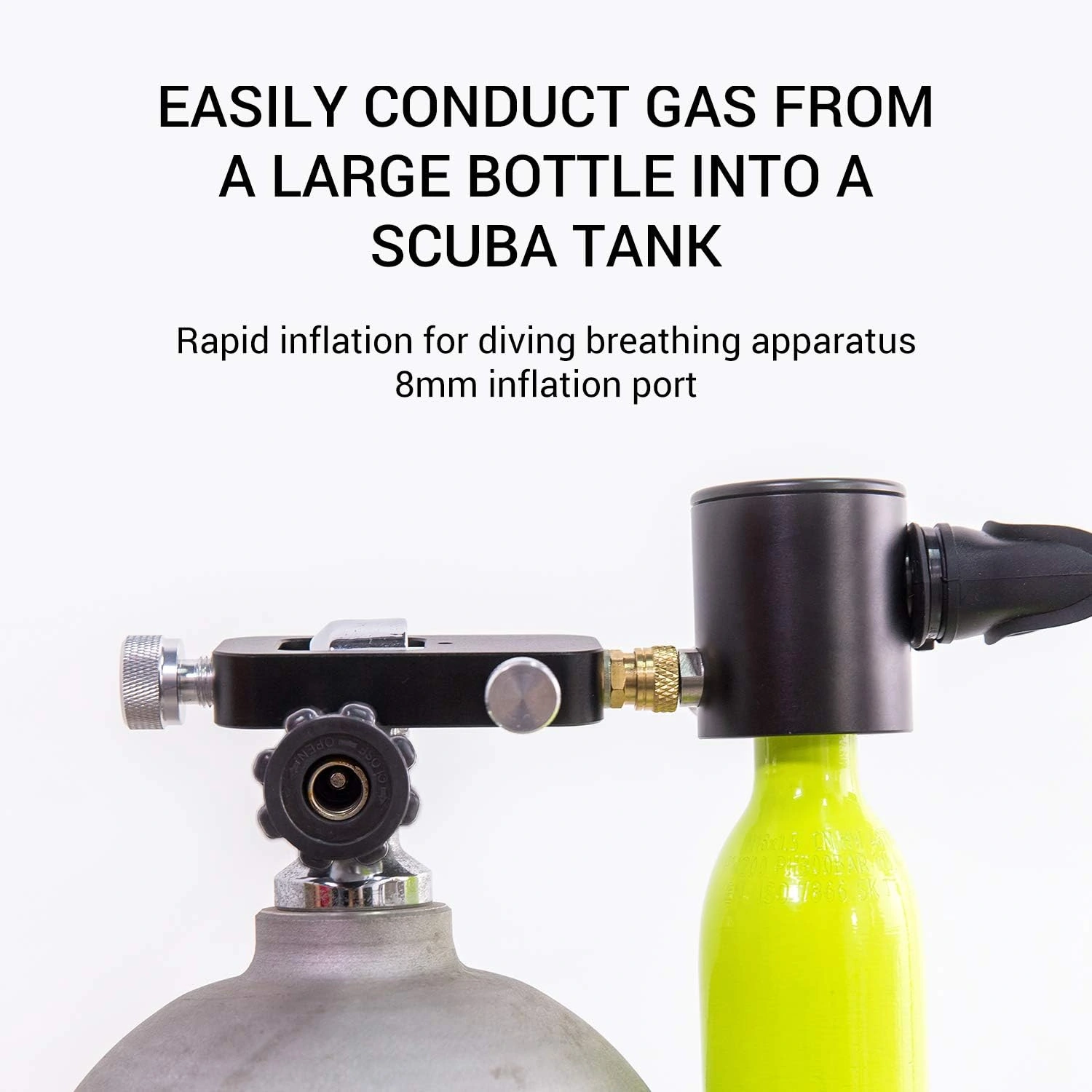Small refill adapter connecting a source cylinder valve to the fill port of a Green0.5L cylinder