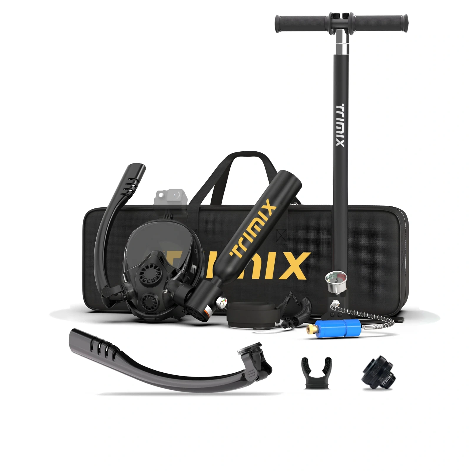 TRIMIX T-500SM4P Black 0.5L snorkeling kit with four-stage hand pump and long carry case, without scuba refill adapter; camera prop not included