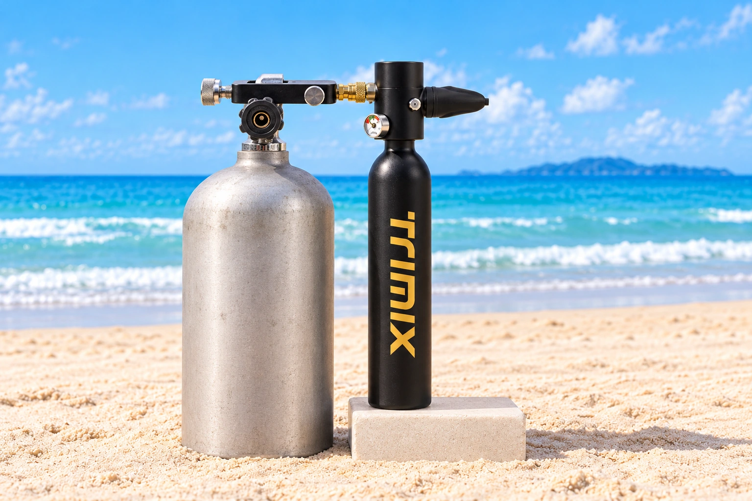 Black TRIMIX T-500 cylinder connected to a larger source cylinder through a compact scuba refill adapter; illustrative setup