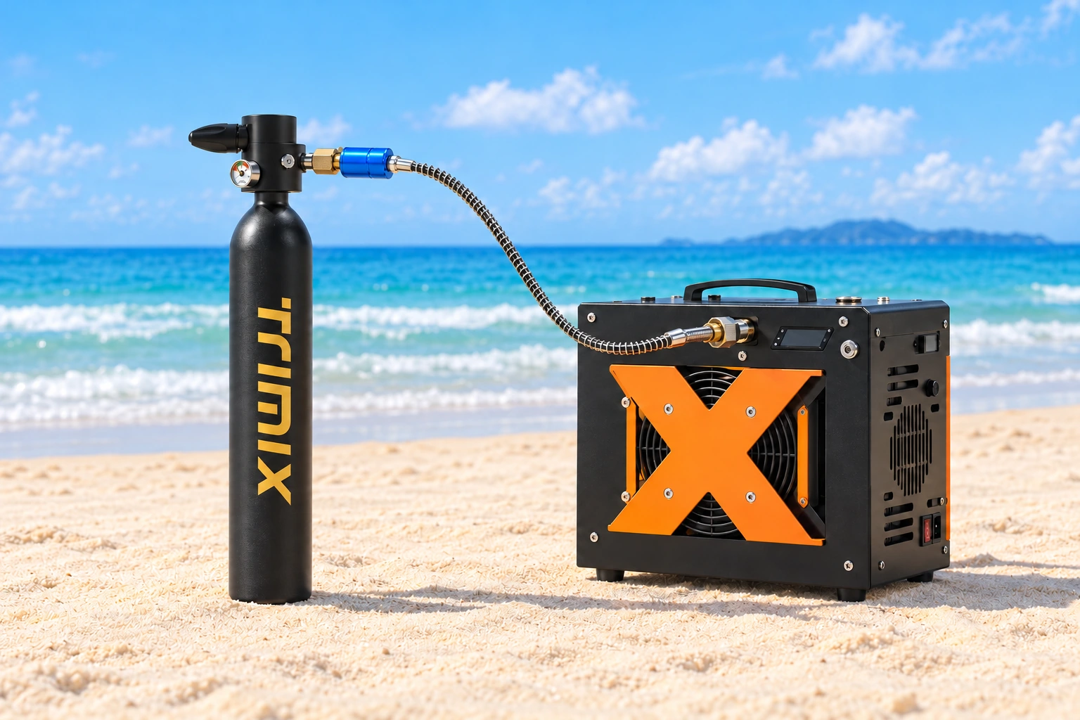 Black TRIMIX T-500 cylinder connected through an inline separator and hose to an electric compressor; illustrative setup