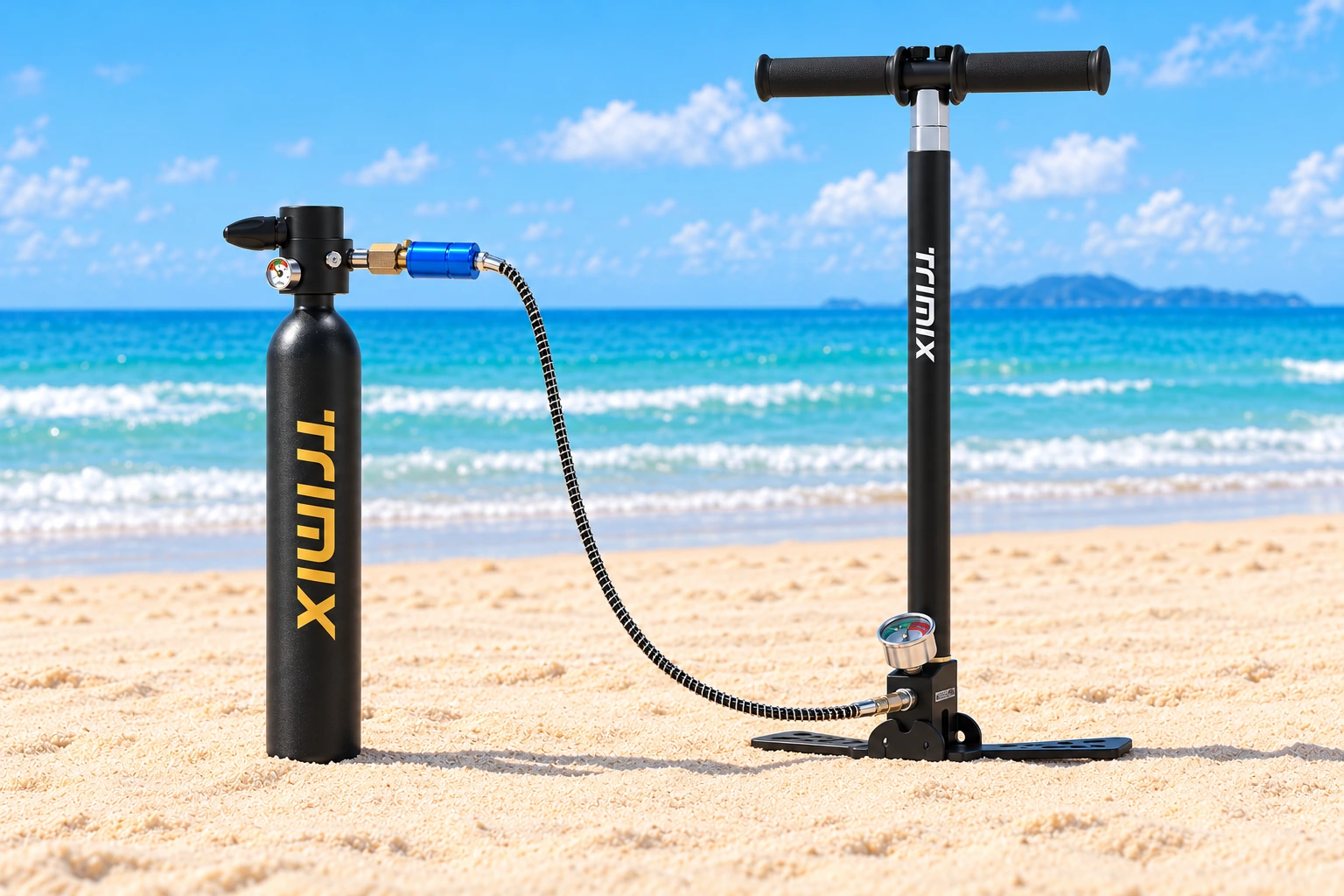 Black TRIMIX T-500 cylinder connected through an inline separator and hose to a four-stage high-pressure hand pump; illustrative setup