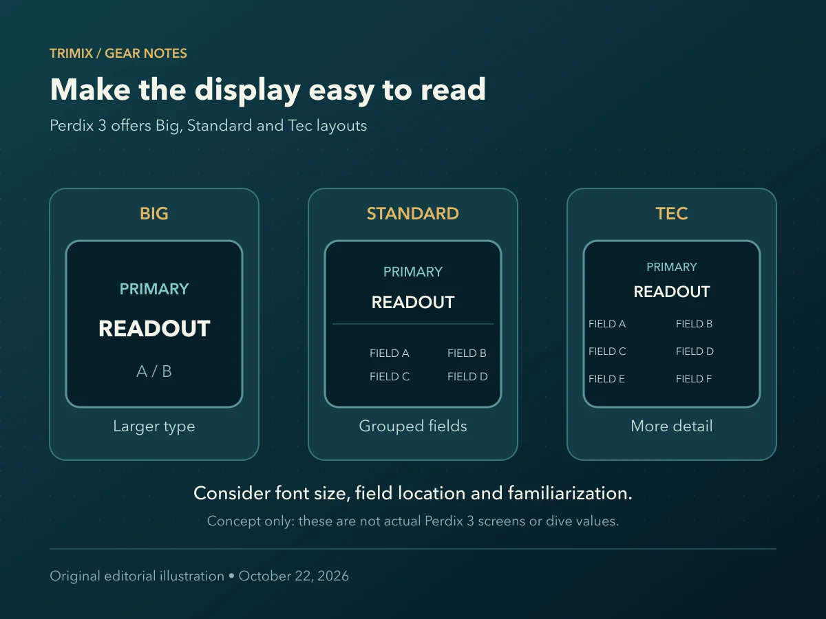 Conceptual display layouts show the tradeoff between larger type, grouped fields and more detailed information.