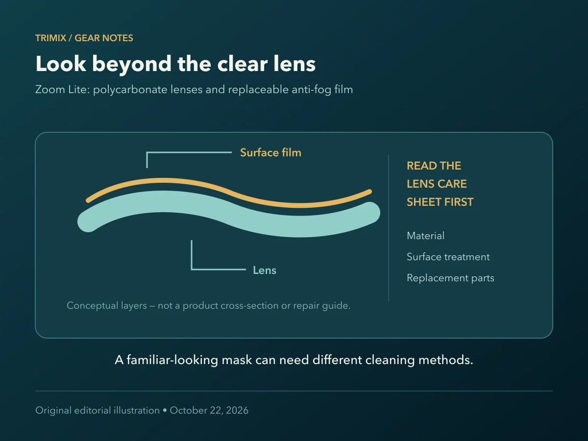 Conceptual lens and surface-film layers with reminders to check material, surface treatment and replacement parts.