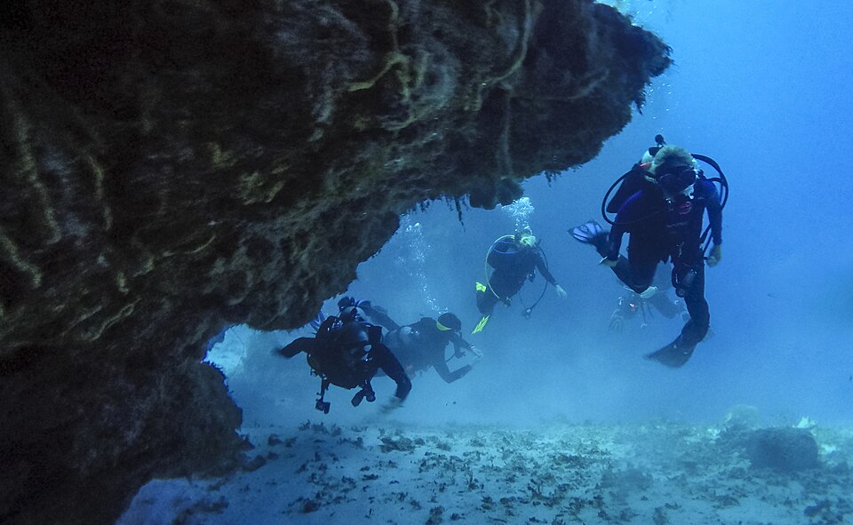 Scuba divers below a coral overhang in Cozumel, Mexico, photographed in 2016