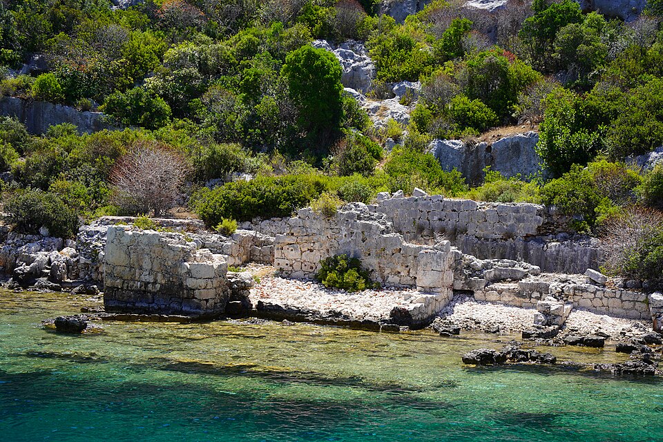Historic stone ruins beside the water at Simena, Kekova, photographed in 2023
