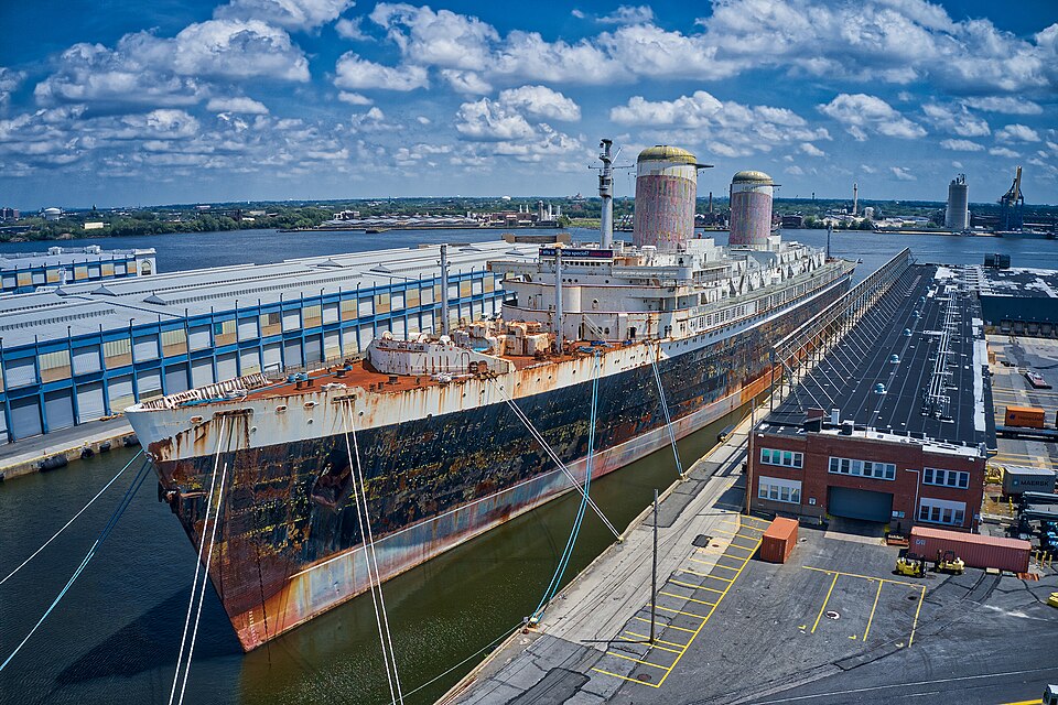 SS United States docked in Philadelphia in an August 2020 drone photograph