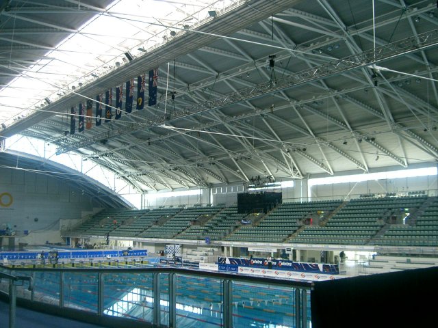 Swimming lanes and spectator seating at Sydney Olympic Park Aquatic Centre in March 2005, a different venue from the reported regional meet.