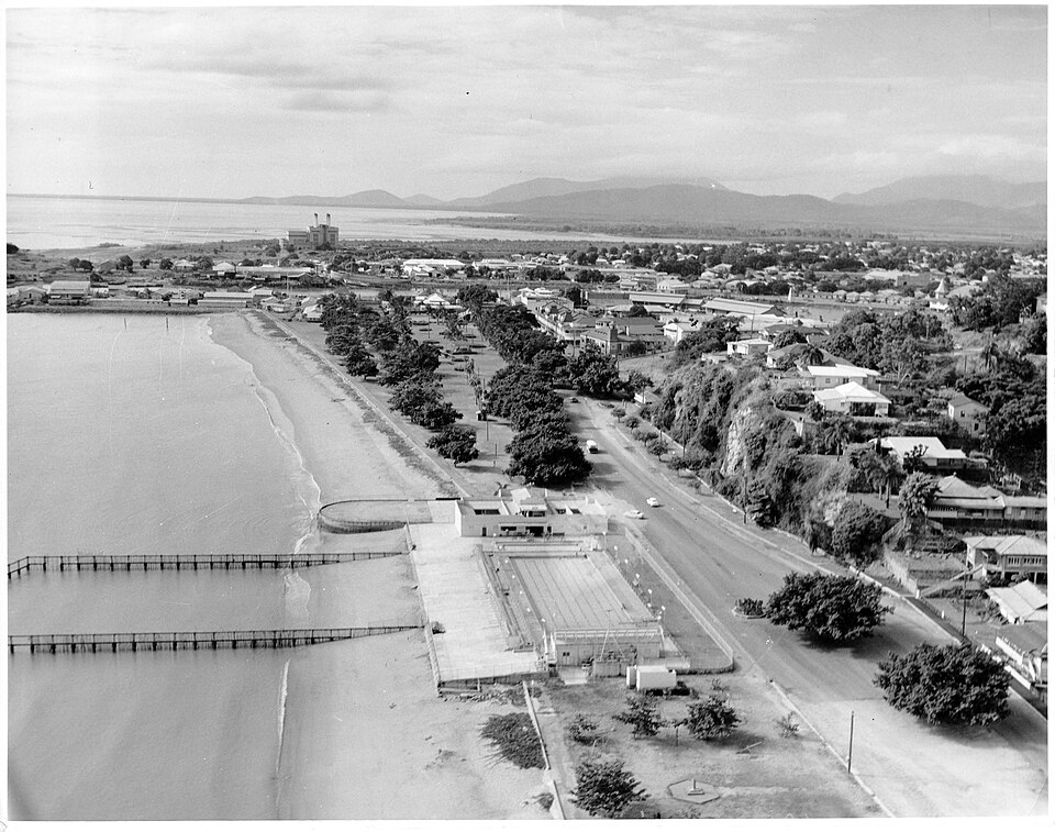 Archival aerial photograph of Tobruk Memorial Pool and the Townsville waterfront in 1957, a different location from Loxton and Waikerie.