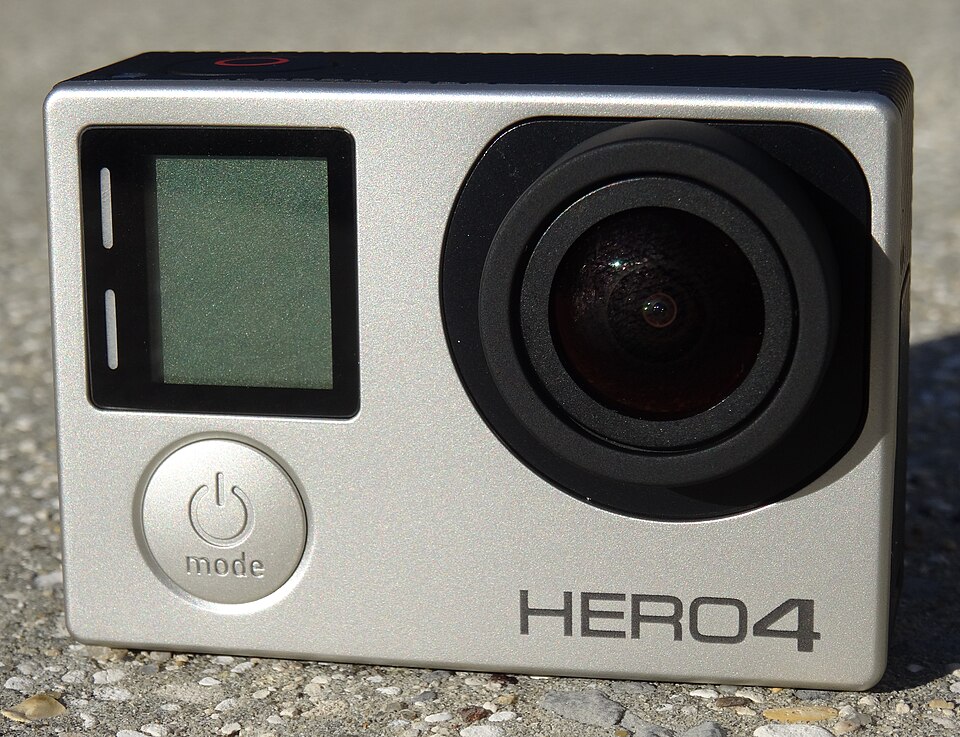 Real close-up photograph of a GoPro HERO4 camera in February 2015, used as historical camera-equipment context.