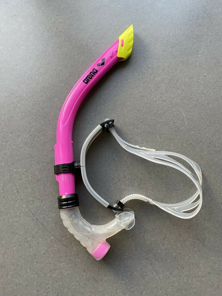 Pink separate snorkel with yellow top, clear mouthpiece and attachment strap