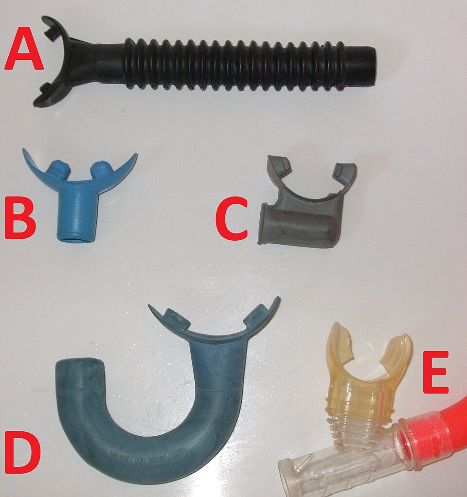 Five photographed snorkel mouthpiece shapes identified with letters A to E