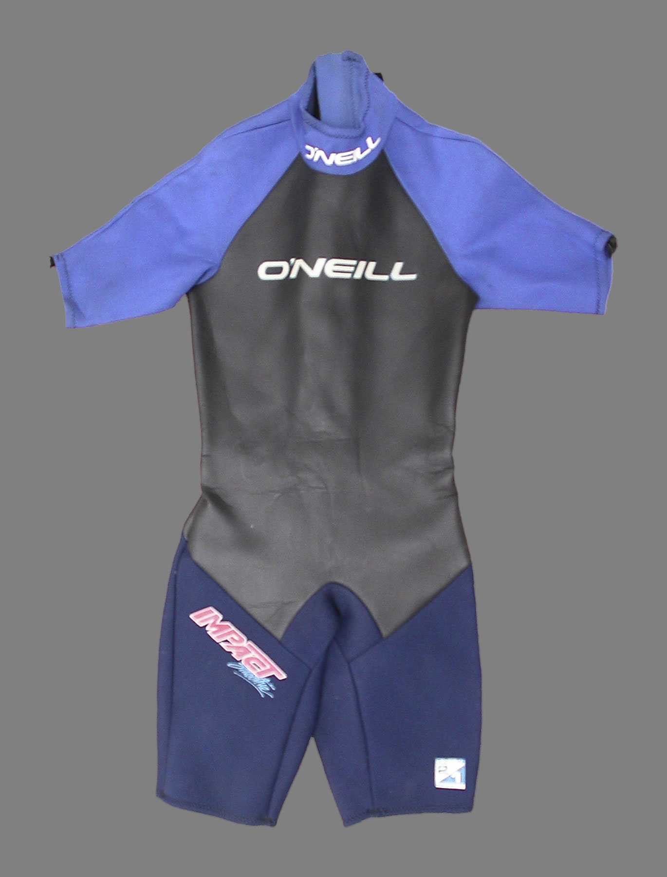 Blue and black historical shorty wetsuit photographed against a grey background