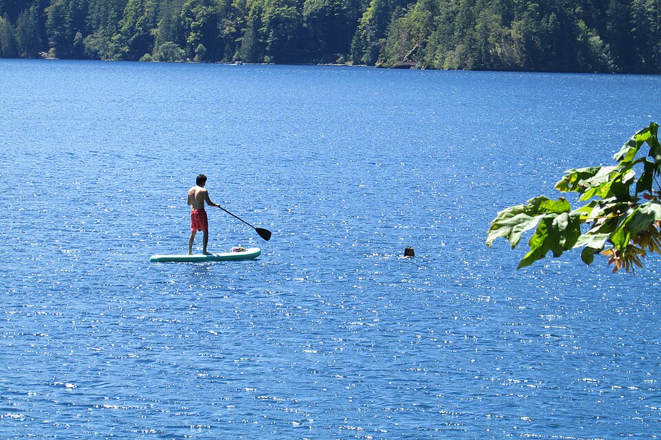 Distant paddleboarder viewed from a lakeshore