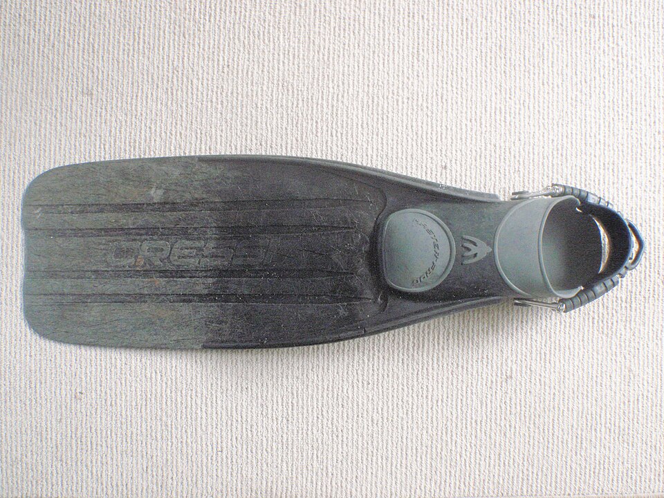 A long-bladed open-heel fin laid on a light fabric background