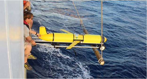 Archive 2015 deployment of the yellow NG301 underwater glider from a research ship near St. Thomas.