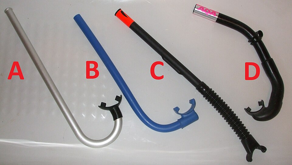 Archive equipment photograph of four different snorkels arranged side by side, with original A-D labels.