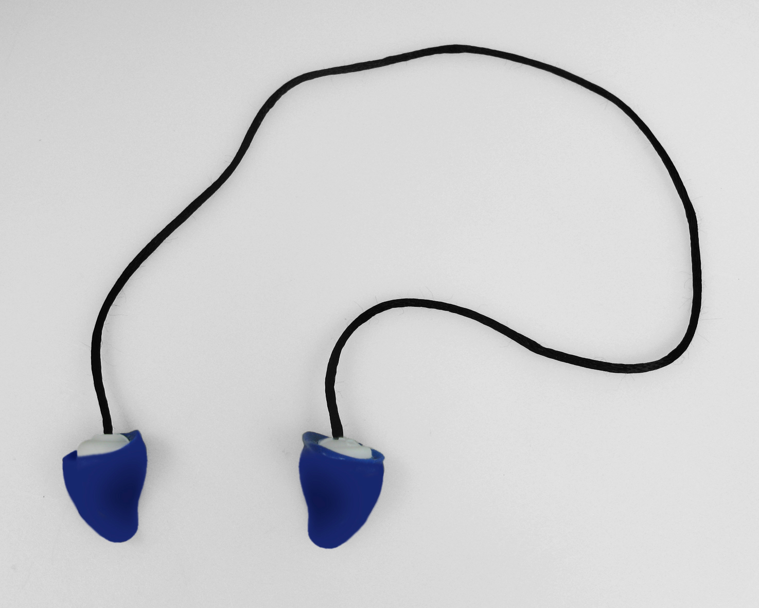 Archived photograph of two blue molded swimming earplugs connected by a black cord.